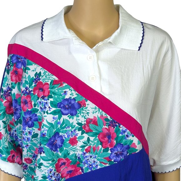 Southern Lady Womens L Blue Floral‎ Short Sleeve Blouse Shirt Stretch Waistband - Picture 2 of 13